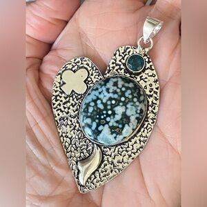 Handmade Heart Clover Ocean Jasper 925 Sterling Silver Necklace Pendant